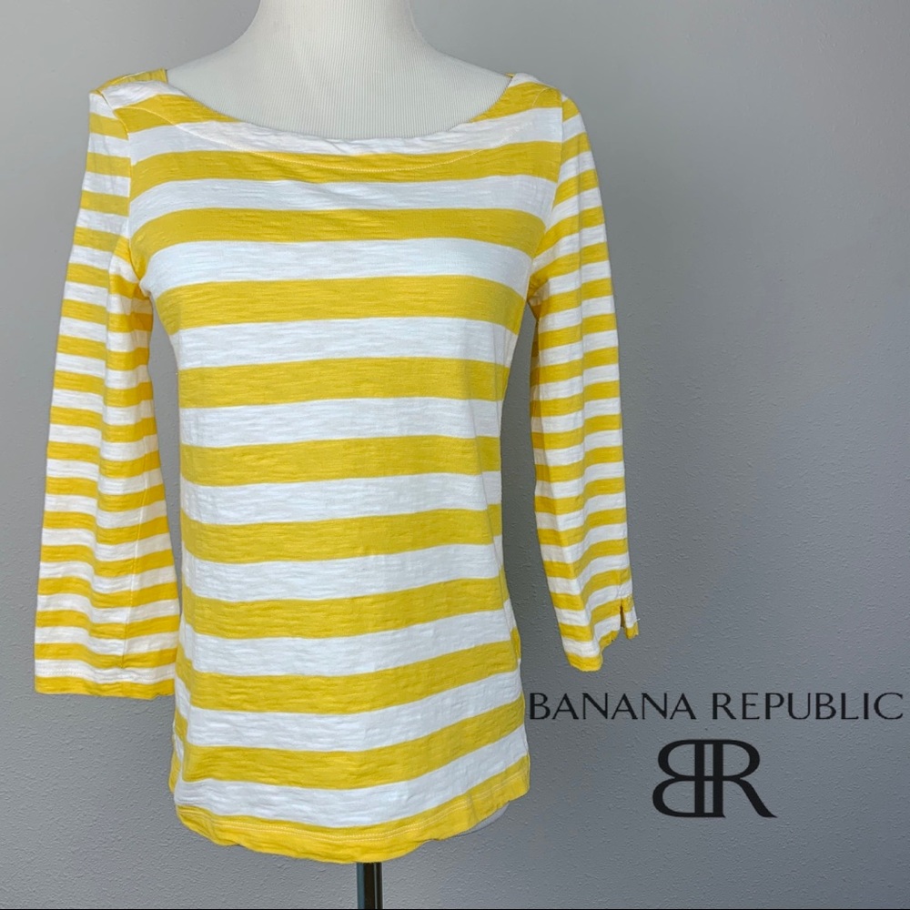 Banana Republic Yellow White Striped Boatneck 3/4 Sleeve Cotton Top Small